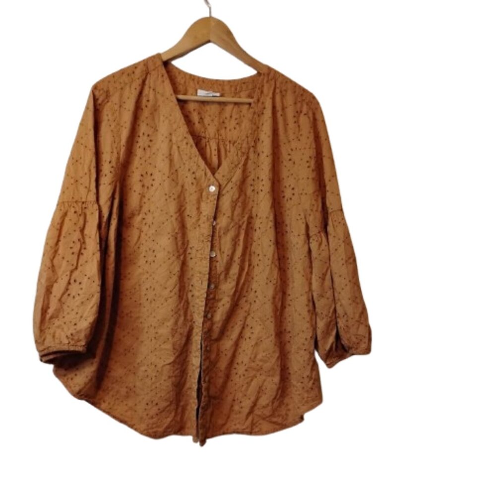 J. Jill Women's Brown 100% Cotton Gingersnap Eyelet Button-Front Blouse Size 3X